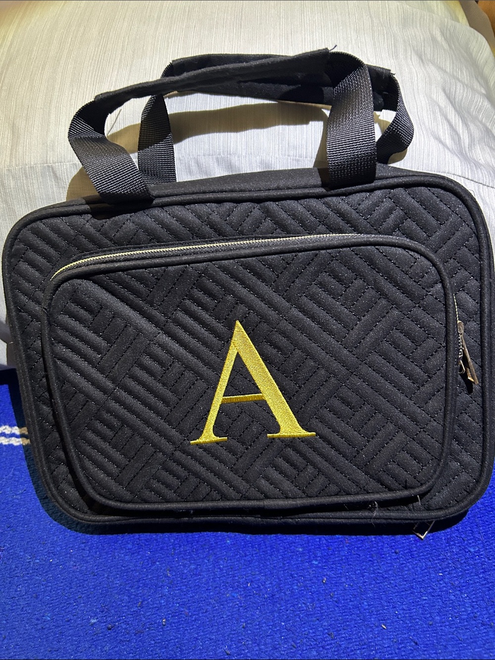 Personalized Black Quilted Toiletry Bag with Gold 'A' Initial